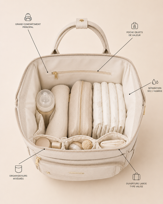 Sac à langer NEVA Paris beige sable rangement compartiments organisation maternité