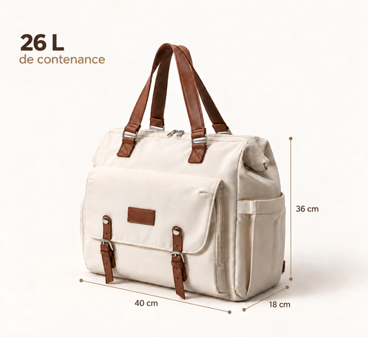 Sac à langer 3 en 1 NEVA L’Ordonné vu de trois quarts avec ses dimensions, 40 × 18 × 36 cm pour 26 litres de contenance