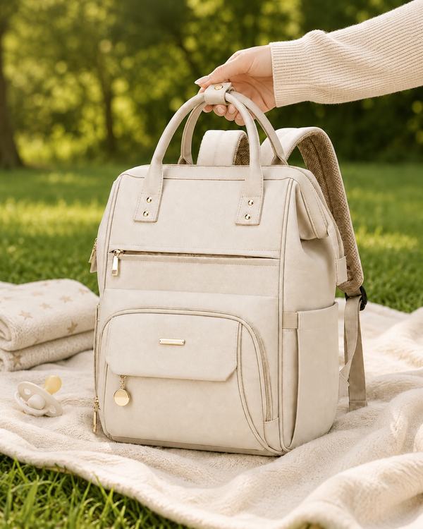 Sac à langer NEVA Paris posé sur plaid pique-nique dans un parc verdoyant