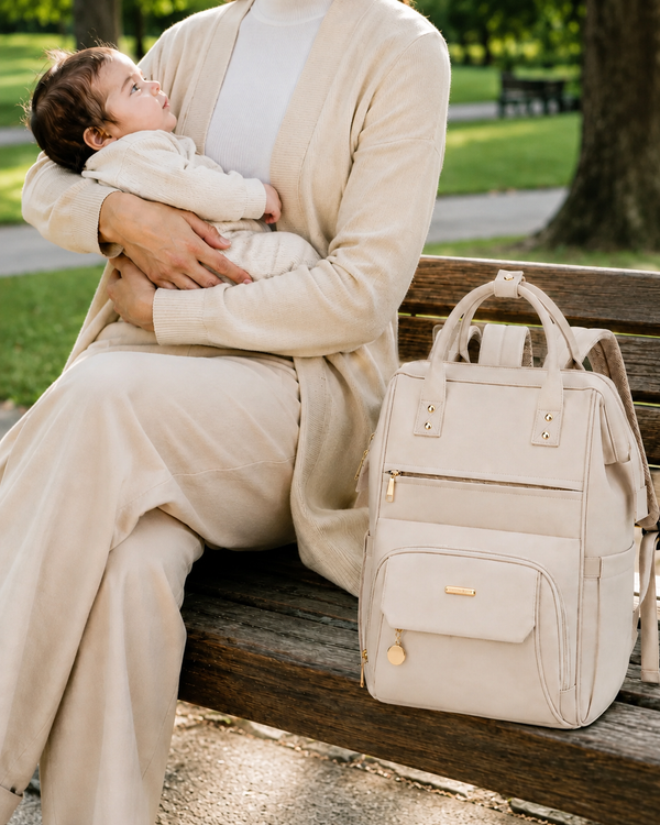 Sac à langer NEVA Paris posé sur un banc dans un parc, maman tenant son bébé