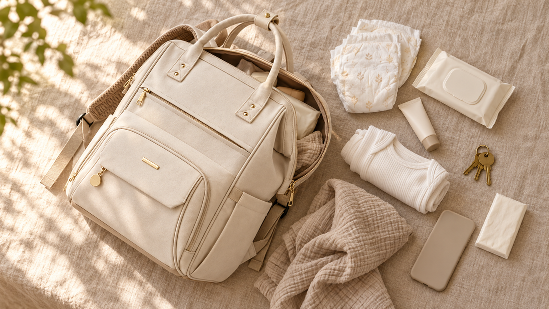 Sac à langer NEVA L'Essentiel beige entrouvert, entouré des essentiels d'une sortie courte avec bébé : couches, lingettes, body et lange