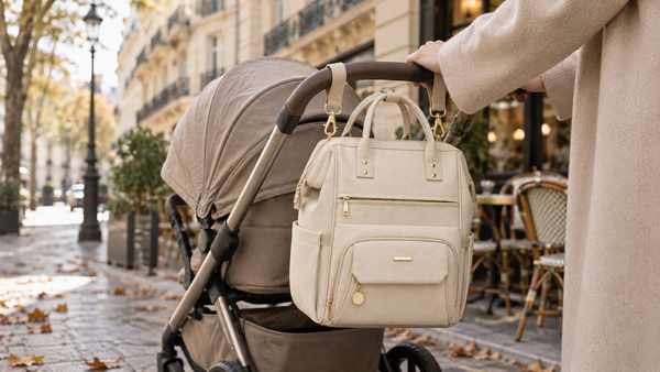 Sac à langer NEVA L'Essentiel accroché au guidon d'une poussette dans une rue de Paris