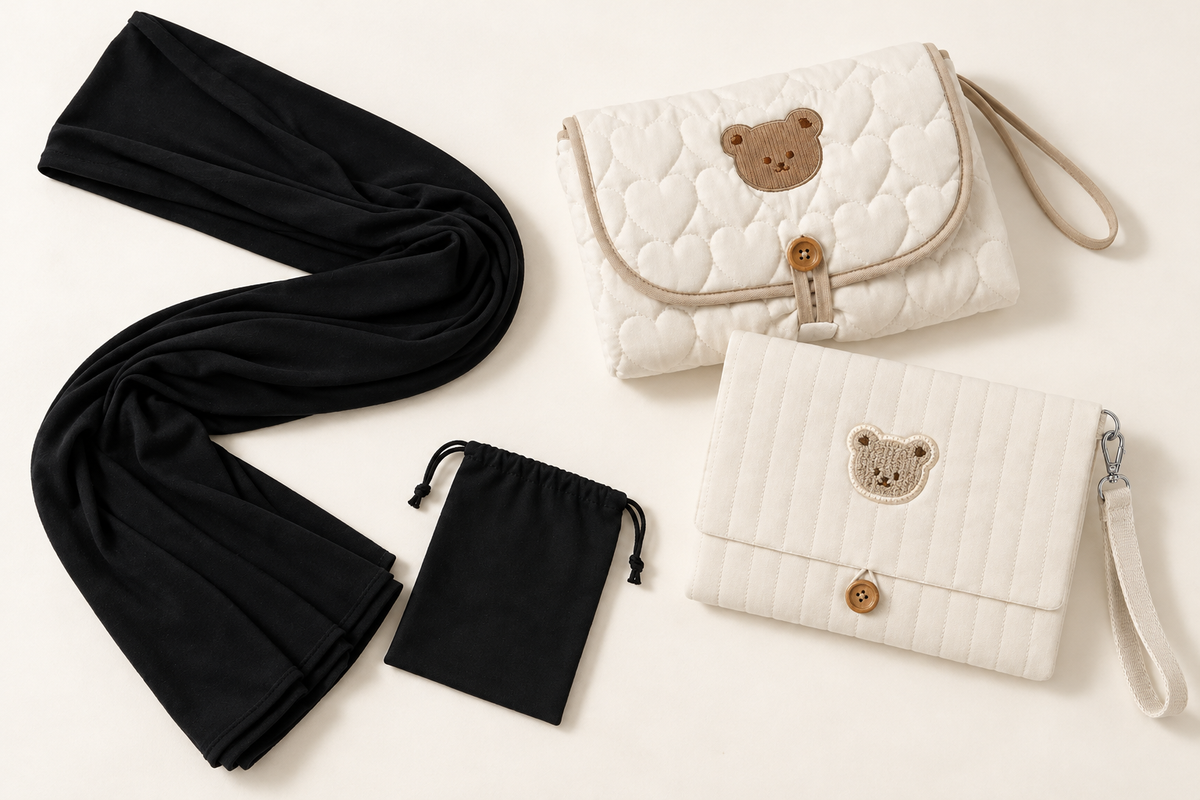 Accessoires NEVA à plat sur fond crème : matelas à langer Teddy matelassé en cœurs, pochette à langer Teddy et écharpe de portage noire avec son sac