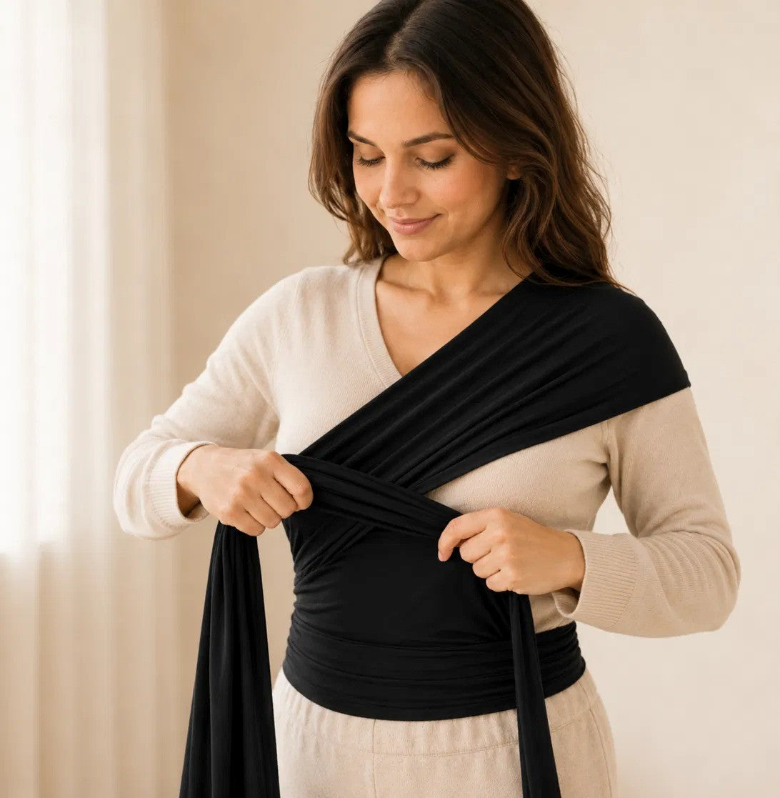 Femme nouant l'écharpe de portage extensible NEVA autour d'elle