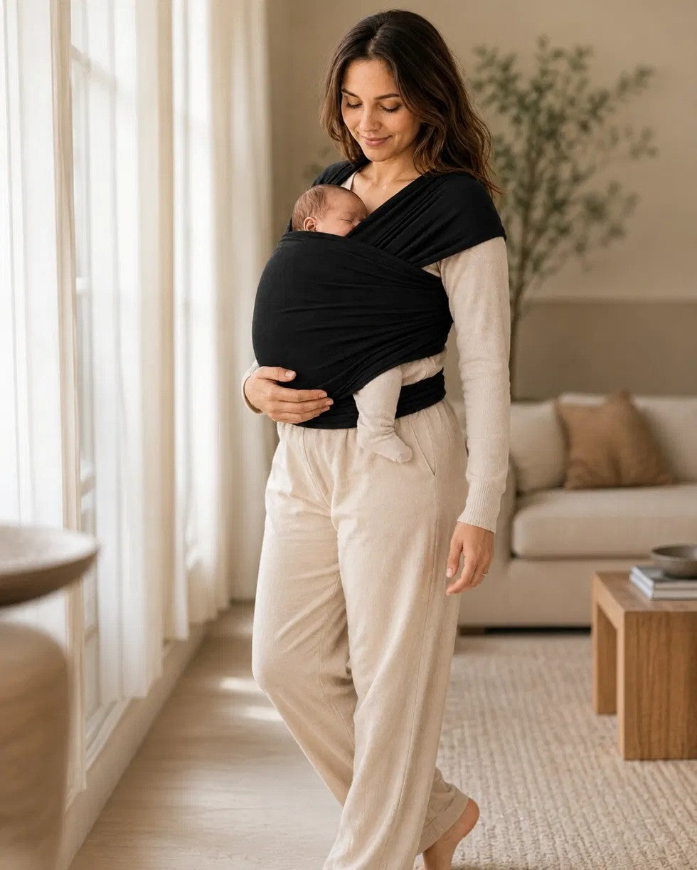 Maman portant bébé dans l'écharpe de portage NEVA au salon