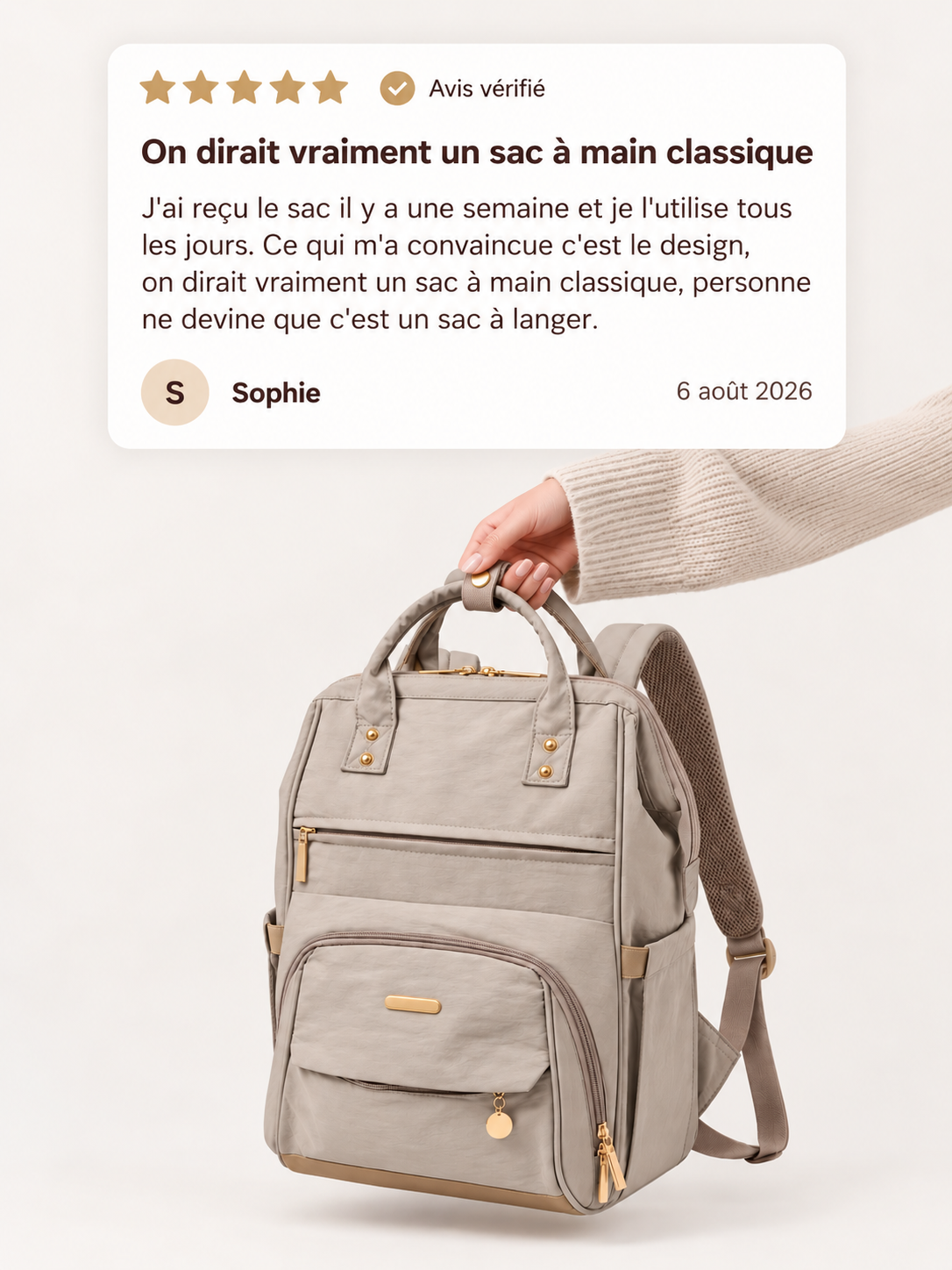Avis client vérifié 5 étoiles sur le sac à langer NEVA L'Essentiel : on dirait vraiment un sac à main classique.