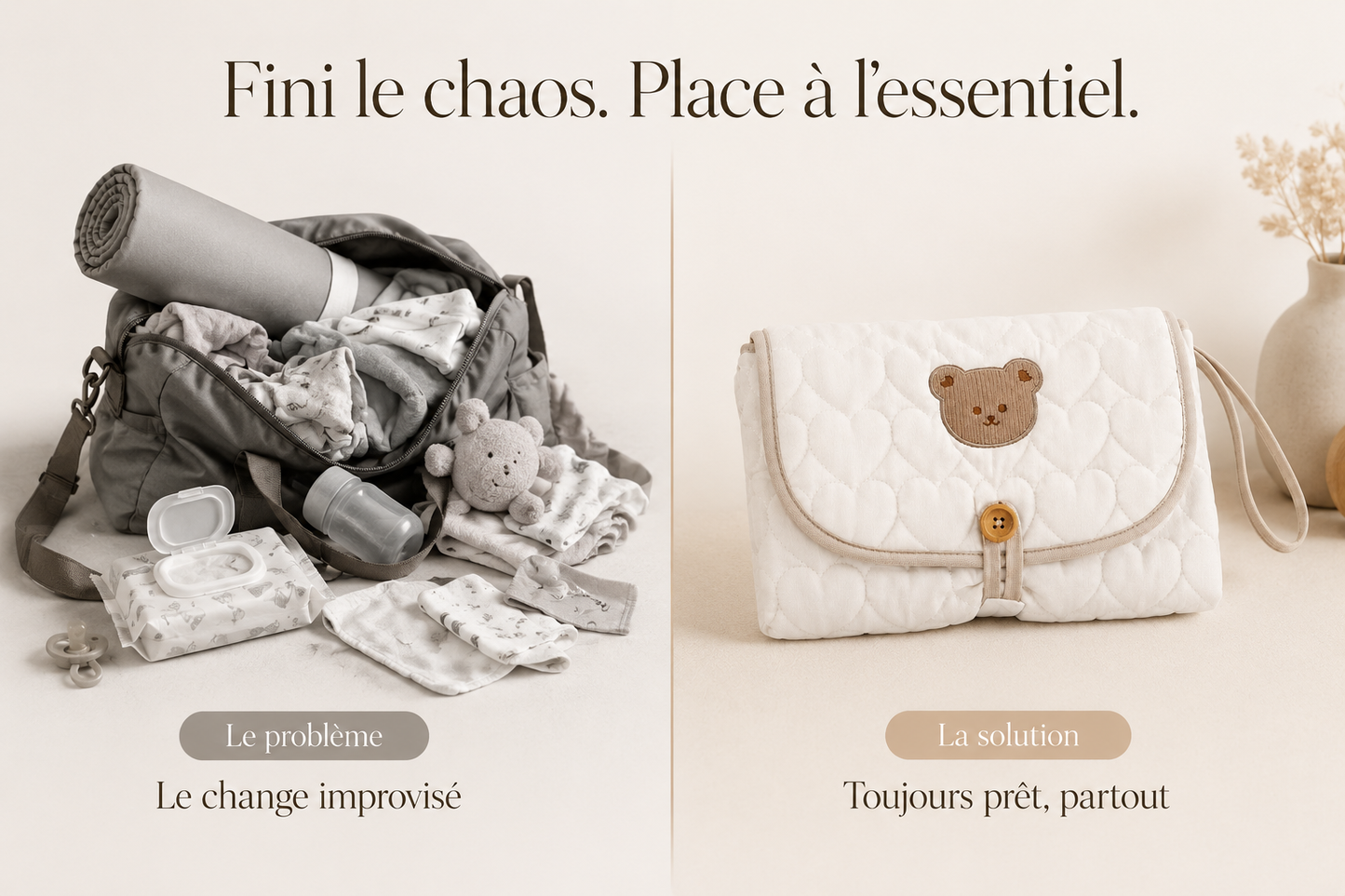 Comparaison avant-après : sac à langer encombrant vs matelas à langer NEVA Paris compact et organisé