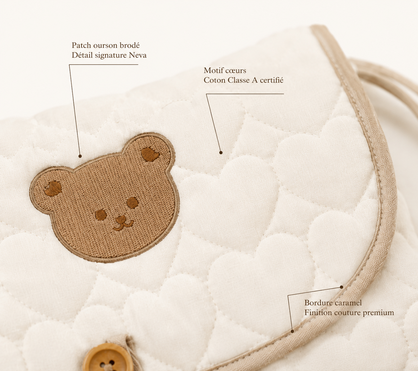 Détail matelas à langer NEVA Paris : patch ourson brodé, coton Classe A certifié et bordure caramel premium