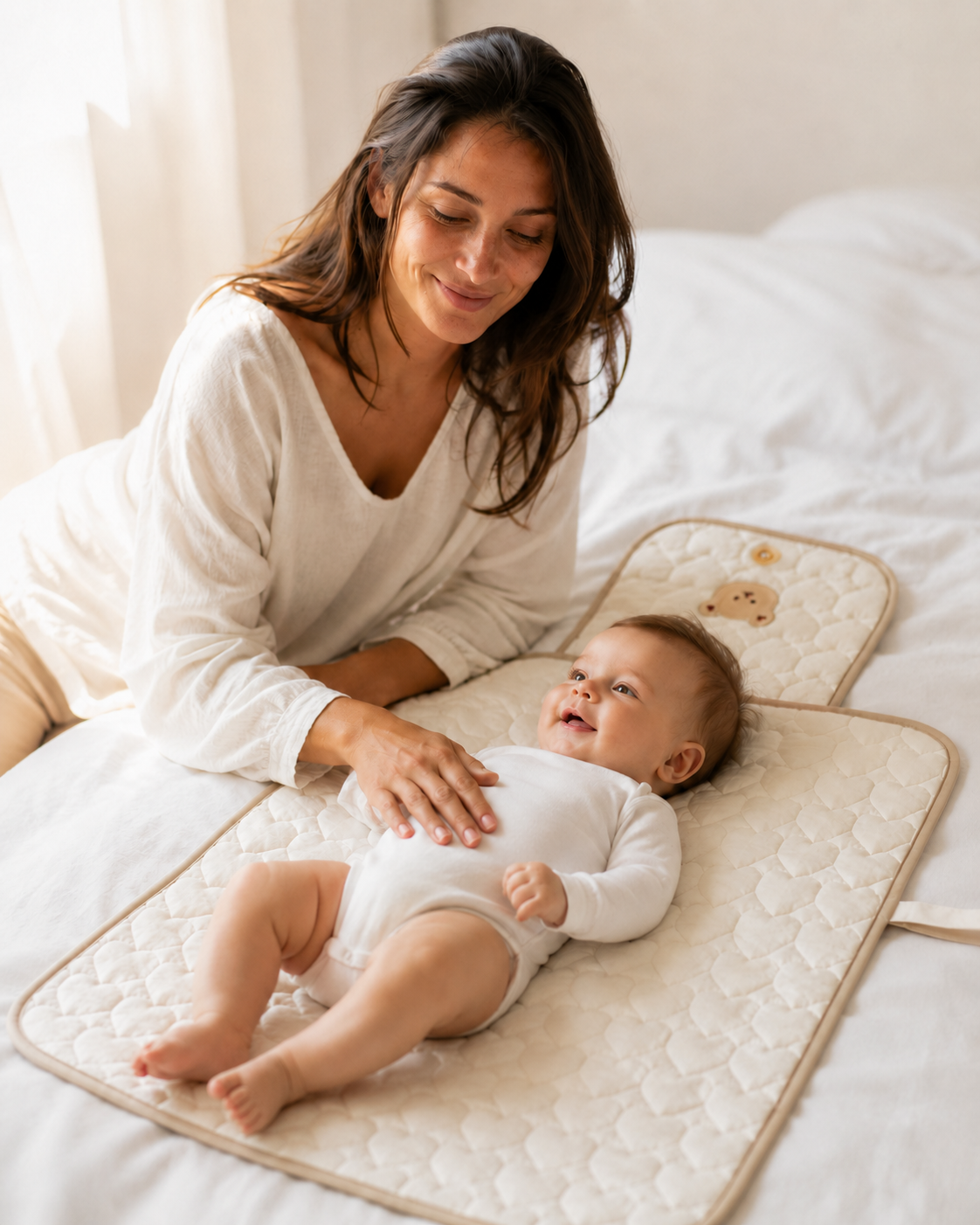 Maman souriante avec son bébé allongé sur le matelas à langer NEVA Paris ivoire déplié sur un lit