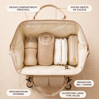 Intérieur ouvert du sac à langer convertible NEVA PARIS en cuir PU beige crème, vue de dessus, avec biberon, couverture enroulée, couches et pochette organisés dans le compartiment principal à ouverture large type valise