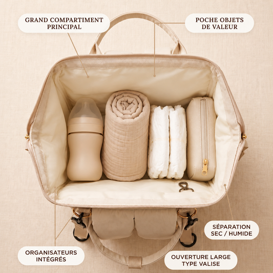 Intérieur ouvert du sac à langer convertible NEVA PARIS en cuir PU beige crème, vue de dessus, avec biberon, couverture enroulée, couches et pochette organisés dans le compartiment principal à ouverture large type valise