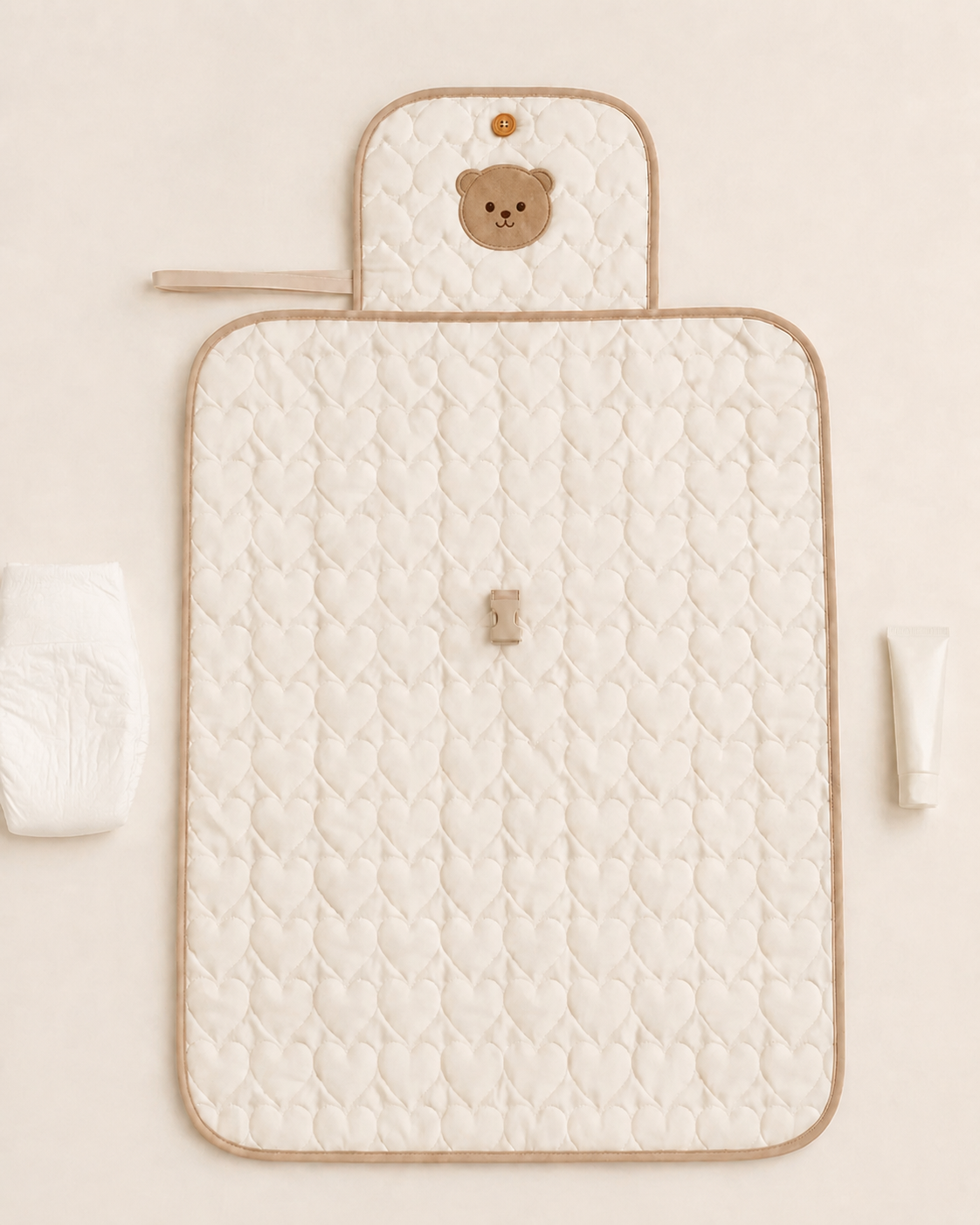 Matelas à langer NEVA Paris déplié vue de dessus, coton matelassé motif cœurs ivoire avec bordure caramel, patch ourson brodé et dragonne latérale