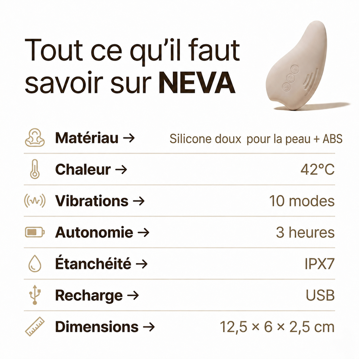 Fiche technique masseur lactation Neva Paris – silicone, chaleur 42°C, 10 modes vibration, autonomie 3h, IPX7, recharge USB, 12.5x6x2.5cm