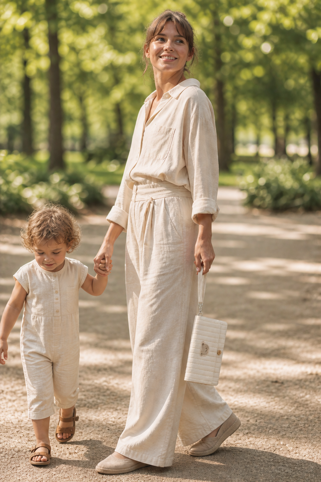 Maman et son enfant se promenant dans un parc parisien, pochette à langer NEVA Paris ivoire à la main