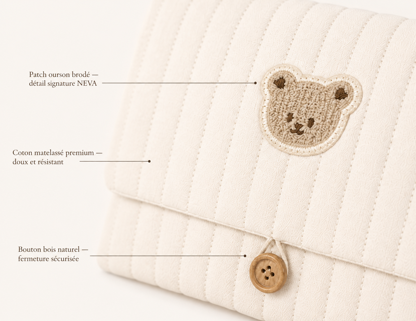 Détail pochette à langer NEVA Paris : patch ourson brodé, coton matelassé premium et bouton bois naturel