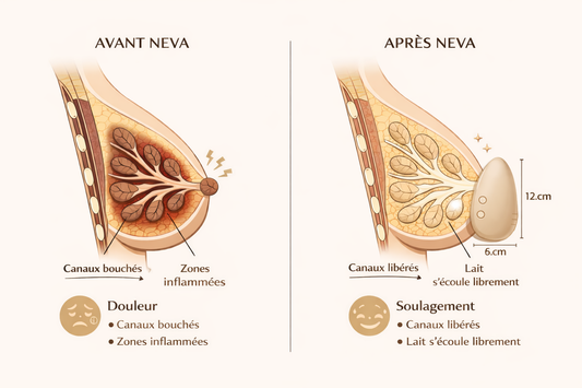 Infographie avant après masseur allaitement Neva Paris – canaux lactifères bouchés vs libérés, soulagement engorgement mammaire