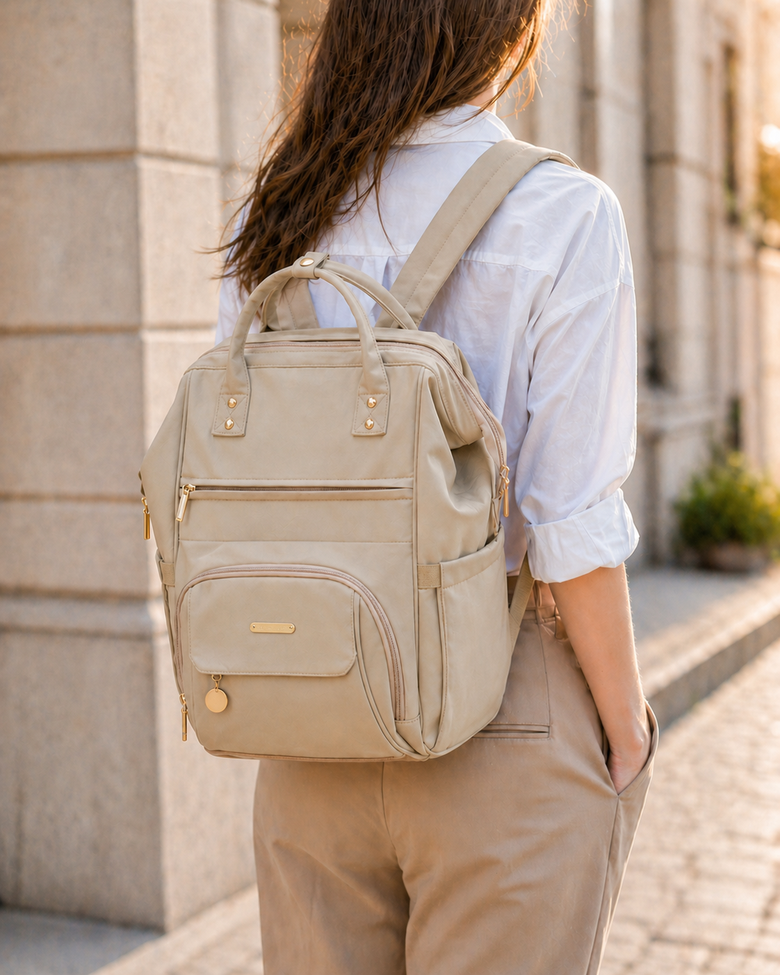 Femme portant le sac à langer NEVA Paris beige sable en mode sac à dos dans une rue parisienne