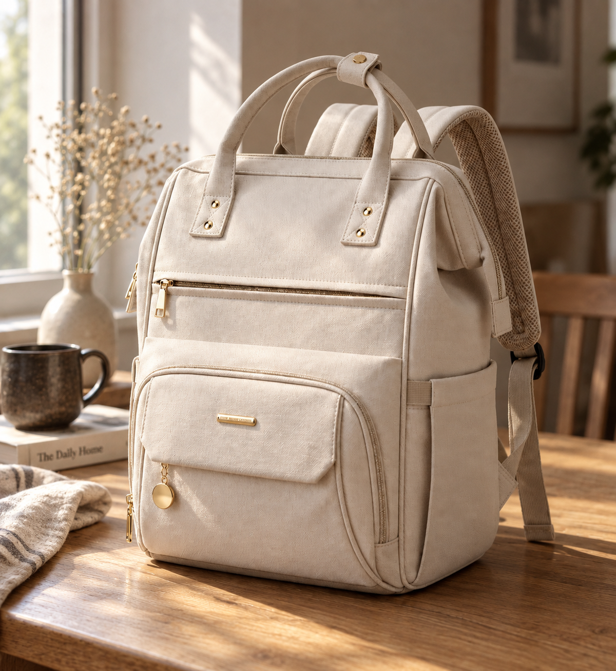 Sac à langer NEVA écru posé sur une table en bois