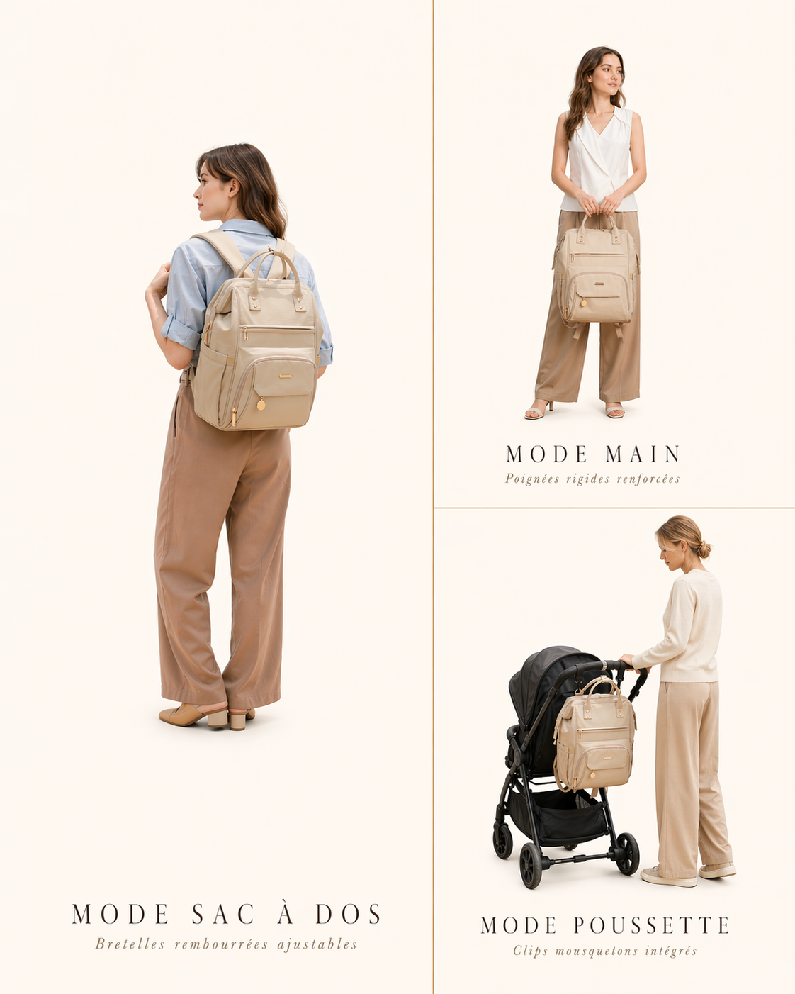 Sac à langer NEVA Paris beige sable présenté en 3 modes de portage : sac à dos, main et poussette