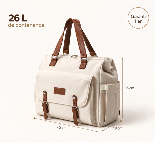 Dimensions du sac à langer NEVA L'Ordonné écru : 40 cm de large, 18 cm de profondeur, 36 cm de haut.
