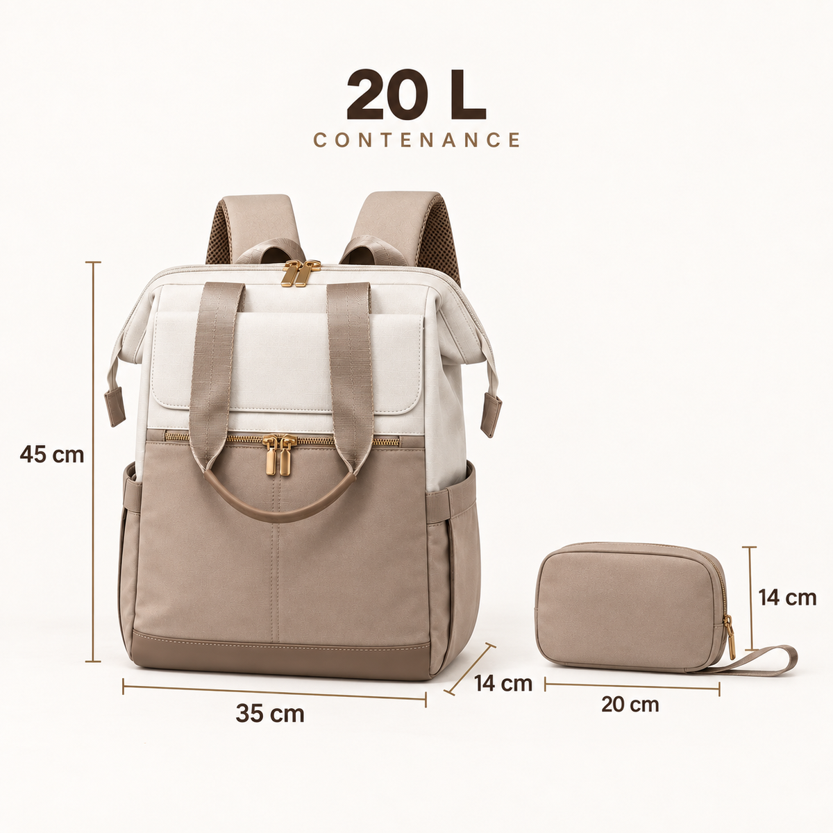 Dimensions du sac à langer Sérénité, 45 × 35 × 14 cm, 20 litres, et de sa pochette, 20 × 14 cm