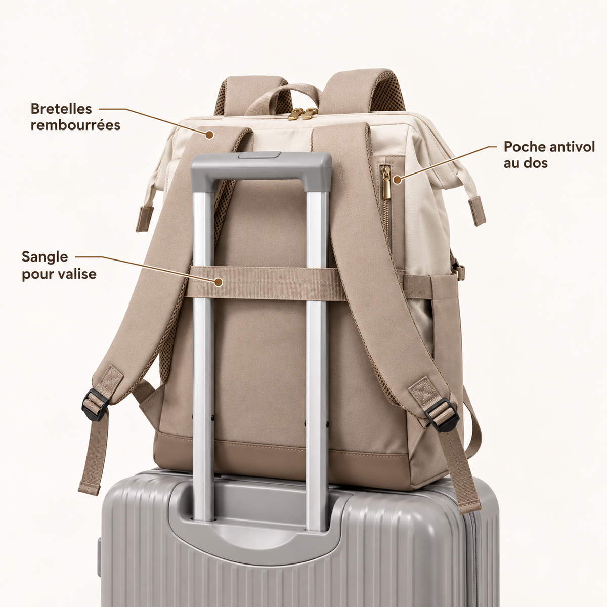 Dos du sac à langer Sérénité fixé sur une valise, bretelles rembourrées et poche zippée au dos