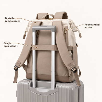 Dos du sac à langer Sérénité fixé sur une valise, bretelles rembourrées et poche zippée au dos