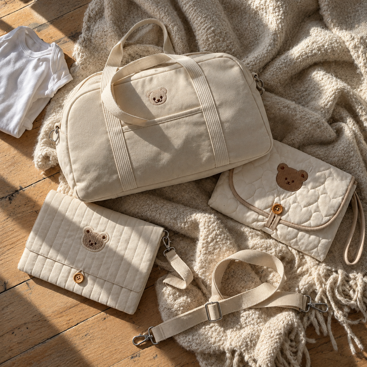 Sac à langer week-end NEVA Teddy avec sa pochette et son matelas à langer assortis, posés sur un plaid en laine écru