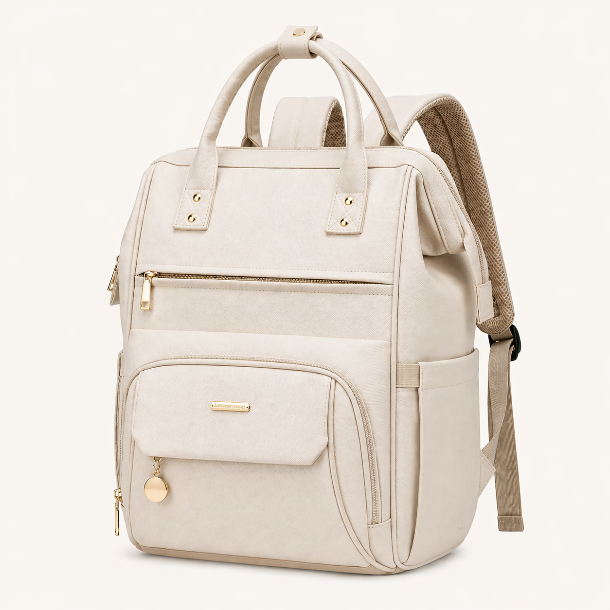 Sac à langer convertible premium NEVA PARIS en cuir PU beige crème avec quincaillerie dorée