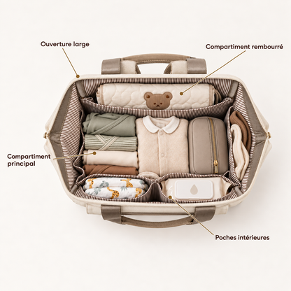 Intérieur du sac à langer Sérénité ouvert en grand, avec vêtements, couches et lingettes rangés