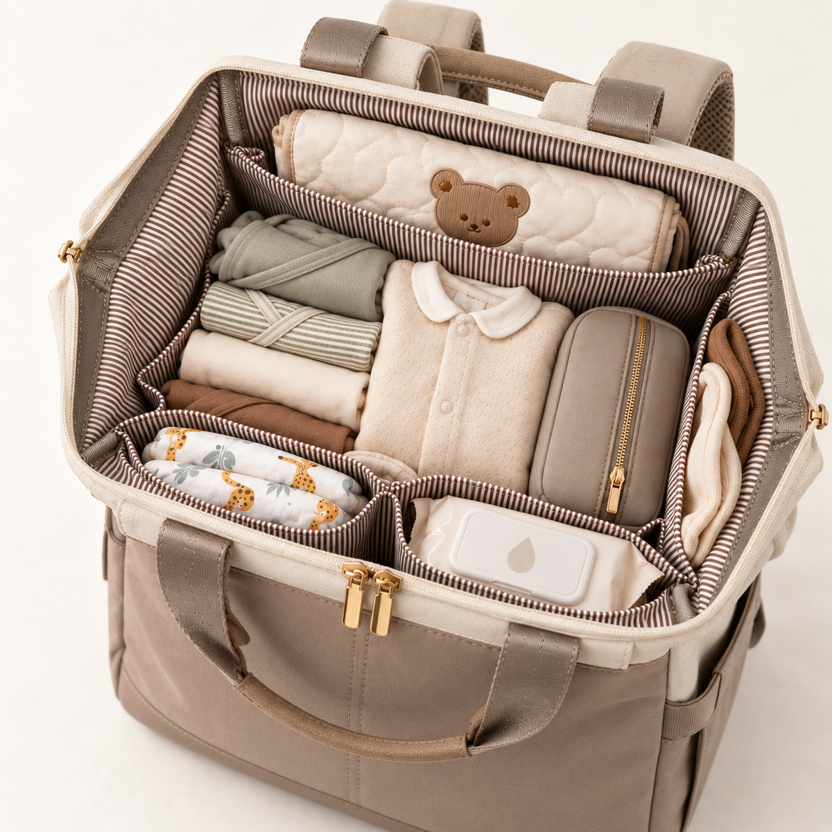 Intérieur du sac à langer Sérénité ouvert, vêtements, couches, lingettes et matelas à langer rangés