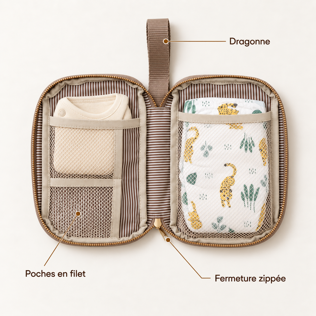 Pochette du sac Sérénité ouverte, avec ses poches en filet, une couche et un body