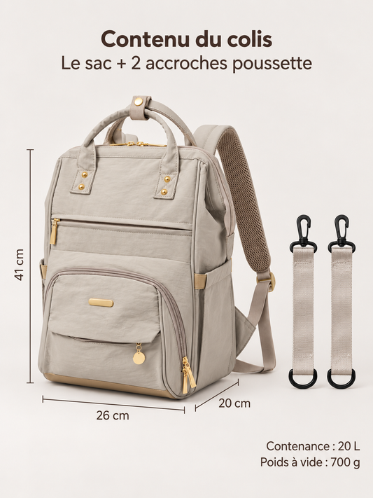 Sac à langer NEVA L'Essentiel grège et ses deux accroches poussette fournies, dimensions 26 × 41 × 20 cm, contenance 20 L, poids 700 g