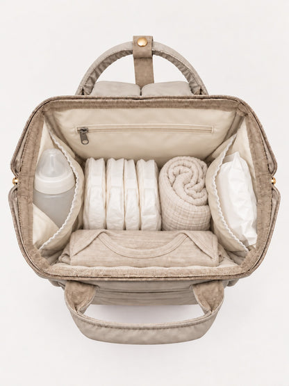 Sac à langer NEVA L'Essentiel ouvert et rempli : biberon, lingettes, couches et change rangés dans les poches intérieures.