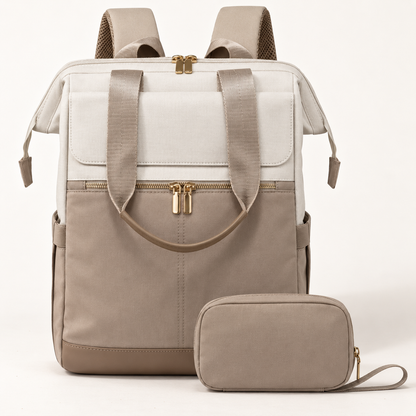 Sac à langer NEVA Sérénité beige et taupe, de face, avec sa pochette zippée assortie