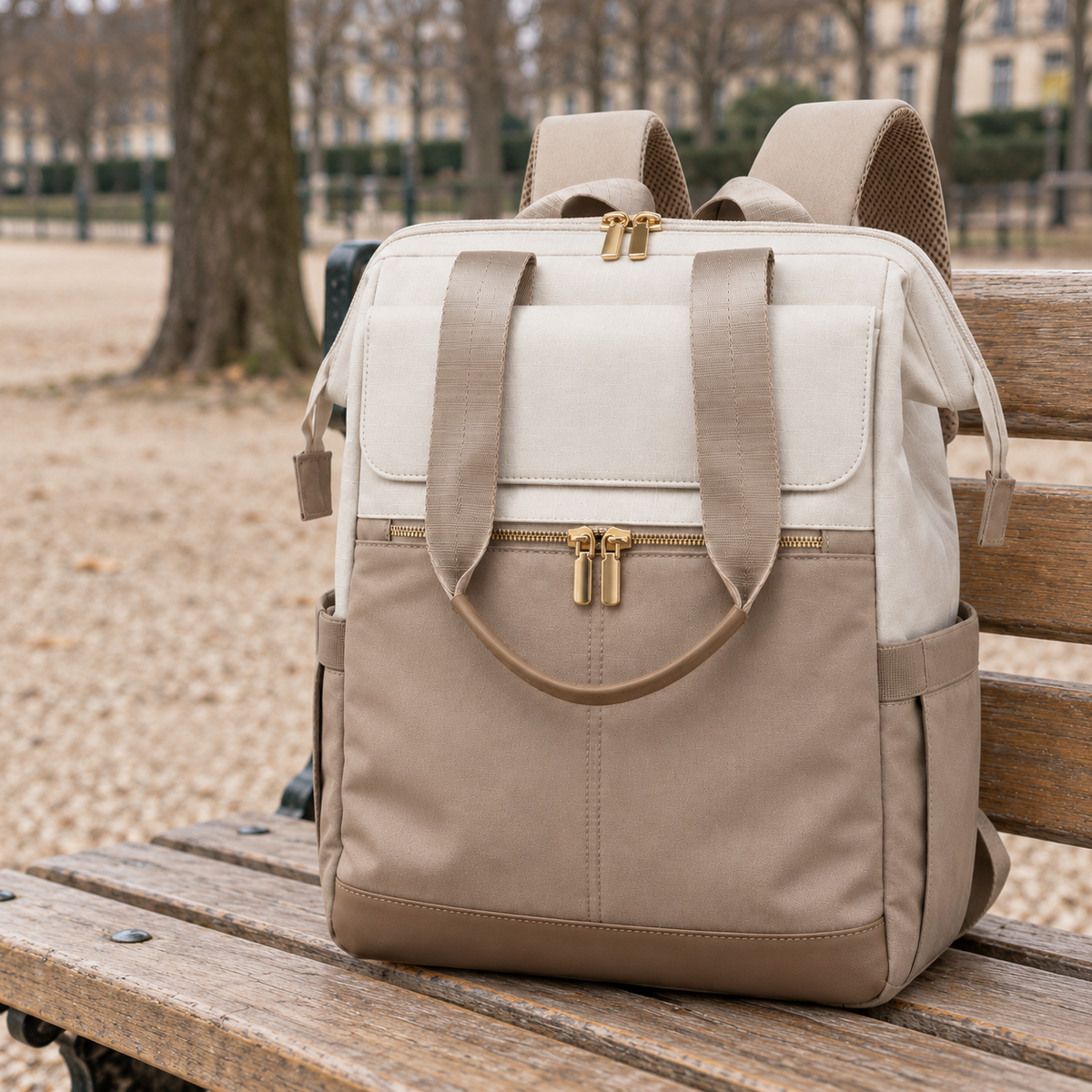 Sac à langer Sérénité posé sur un banc en bois dans un jardin parisien