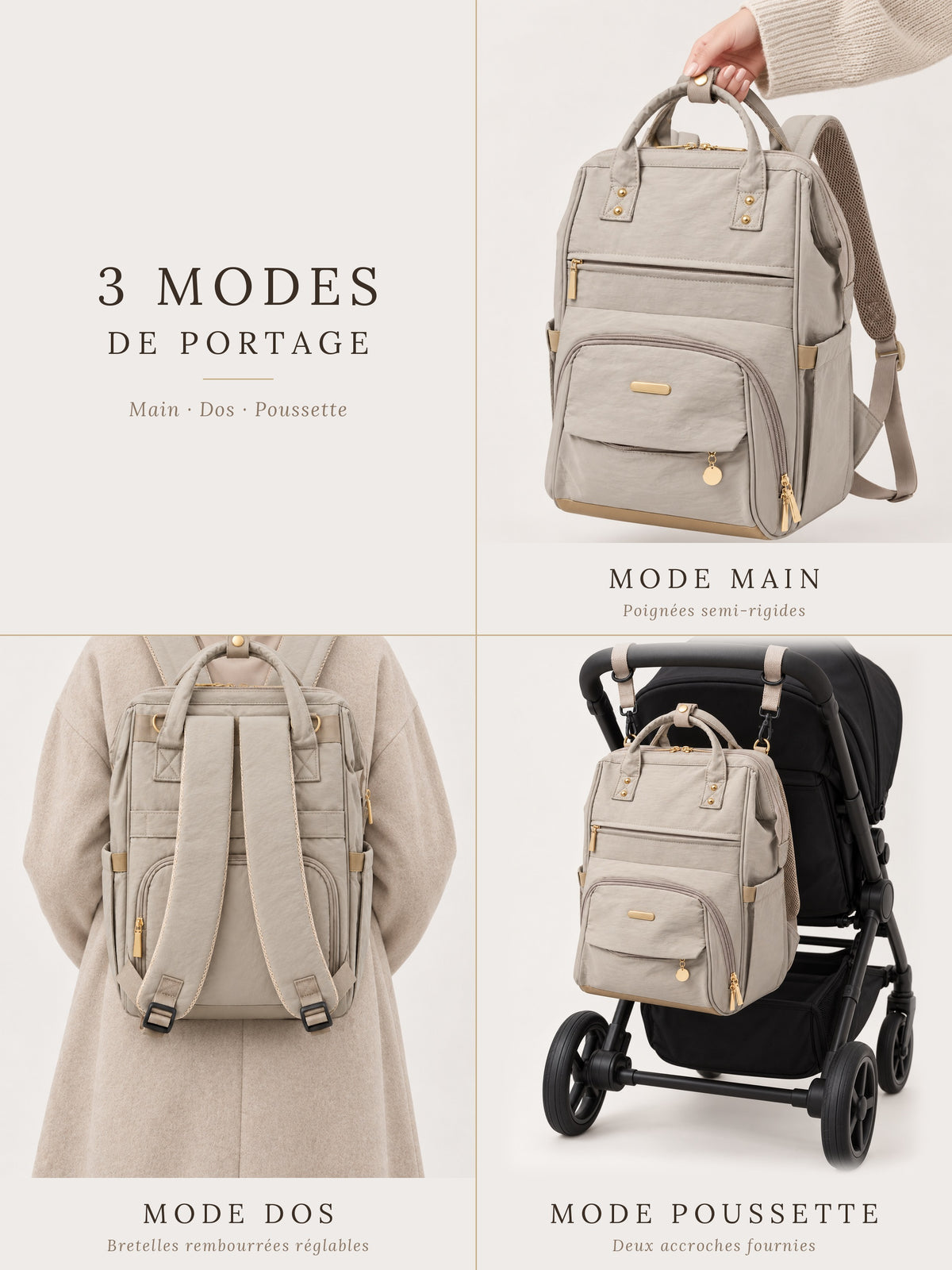 Trois modes de portage du sac à langer NEVA L'Essentiel : à la main, sur le dos et accroché à la poussette.