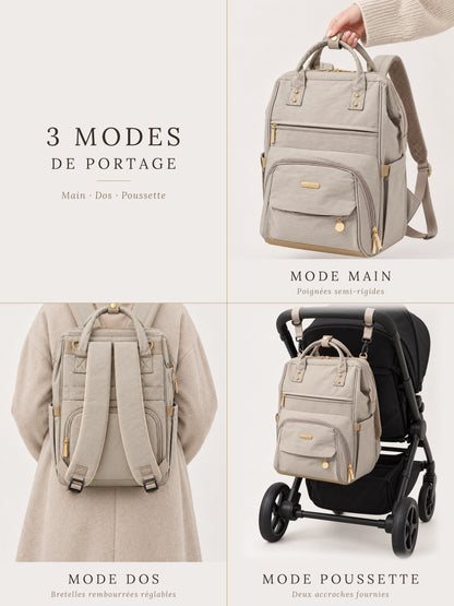 Trois modes de portage du sac à langer NEVA L'Essentiel : à la main, sur le dos et accroché à la poussette.