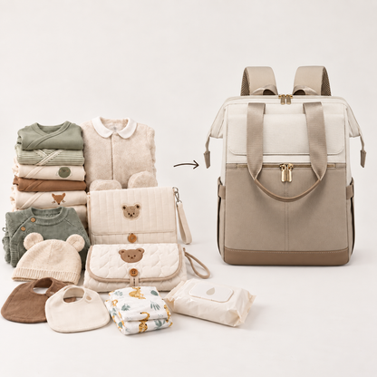 Vêtements de bébé, couches, lingettes et matelas à langer posés à côté du sac à langer Sérénité