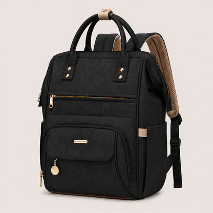 Sac à langer maternité NEVA Paris noir avec finitions dorées sur fond blanc