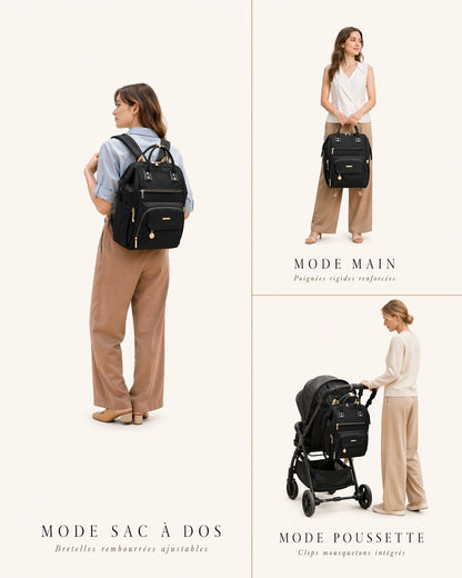 Sac à langer NEVA Paris noir présenté en 3 modes de portage : sac à dos, main et poussette