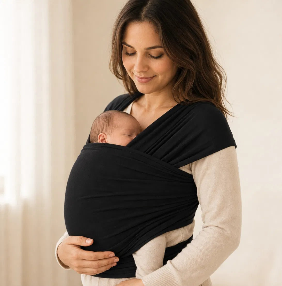 Écharpe de portage extensible noire NEVA portée par une maman avec bébé