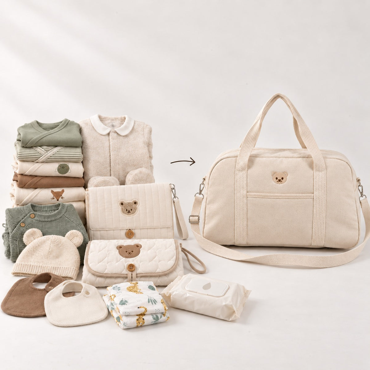 Affaires de bébé pour une journée à côté du sac à langer week-end NEVA Teddy fermé, avec pochette et matelas assortis