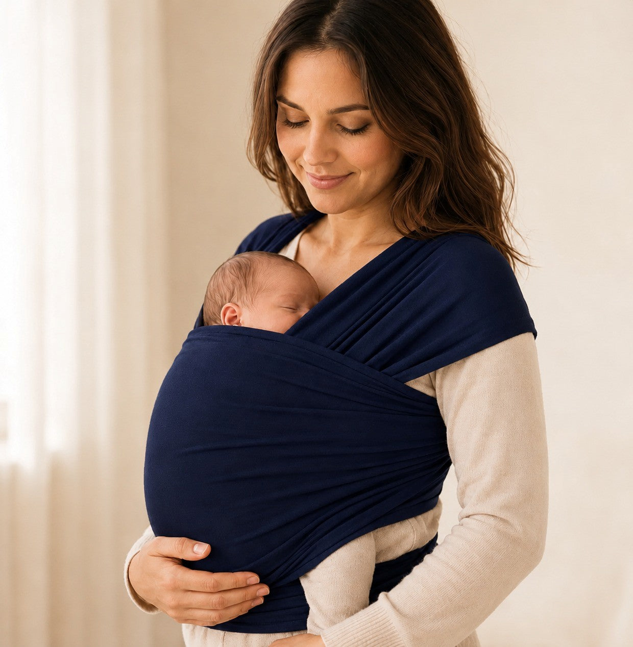 Écharpe de portage extensible bleu NEVA portée par une maman avec bébé