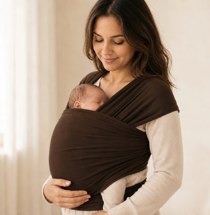 Écharpe de portage extensible café NEVA portée par une maman avec bébé