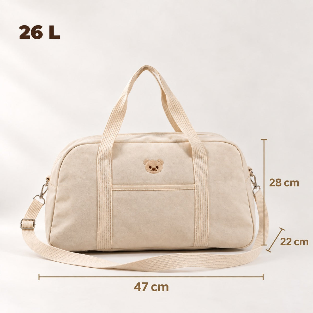 Dimensions du sac à langer week-end NEVA Teddy : 47 × 28 × 22 cm, contenance 26 litres