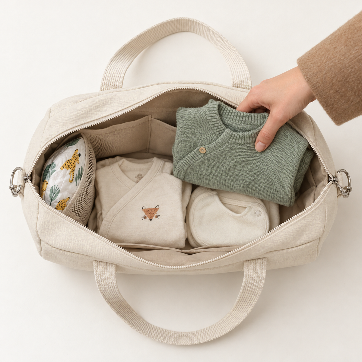 Main qui range un gilet dans le sac à langer week-end NEVA Teddy ouvert, vu de dessus, avec ses poches intérieures