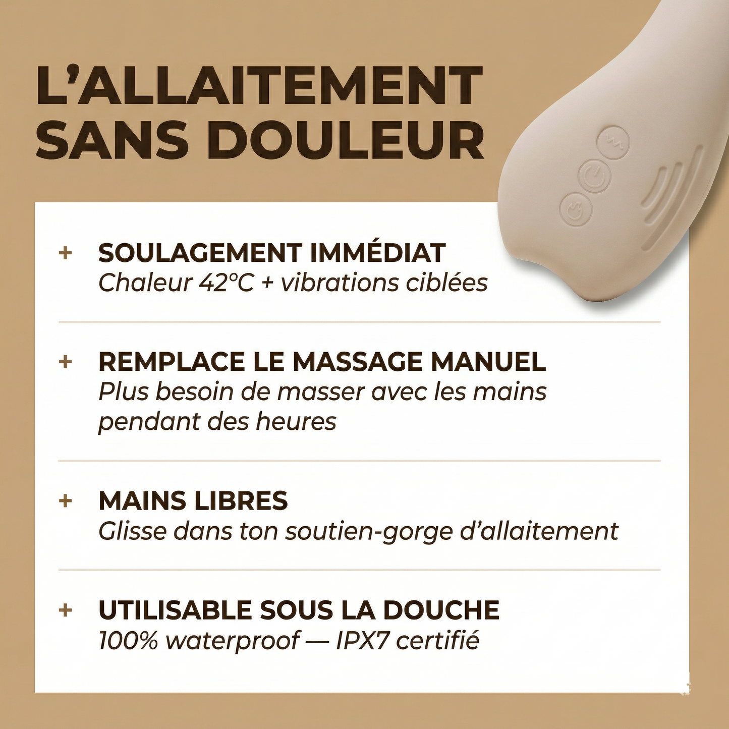 Masseur allaitement sans douleur Neva Paris – chaleur 42°C, vibrations ciblées, mains libres, waterproof IPX7