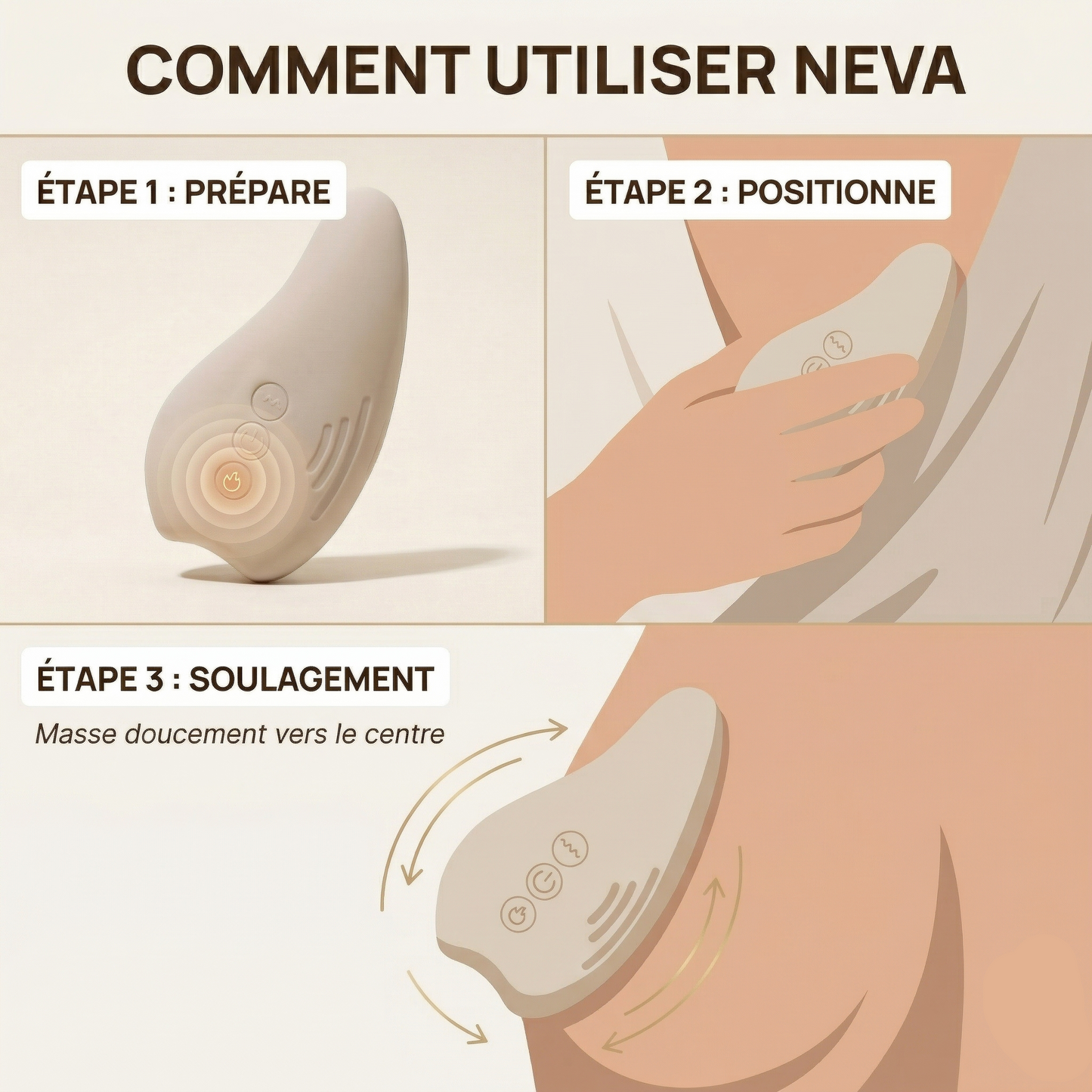 Comment utiliser le masseur allaitement Neva Paris – 3 étapes : allumer, positionner sur le sein, masser vers le centre pour soulager l'engorgement