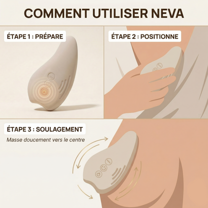 Comment utiliser le masseur allaitement Neva Paris – 3 étapes : allumer, positionner sur le sein, masser vers le centre pour soulager l'engorgement